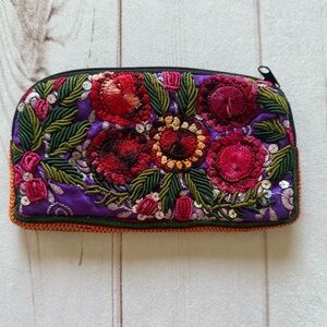 Embroidered Floral Clutch - Purple and Red